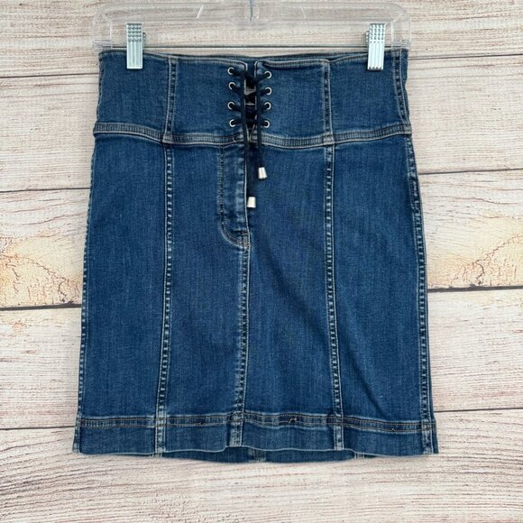Free People Femme Corset Denim Pencil Mini Skirt Women's Size 4 Blue Medium Wash - Picture 1 of 9